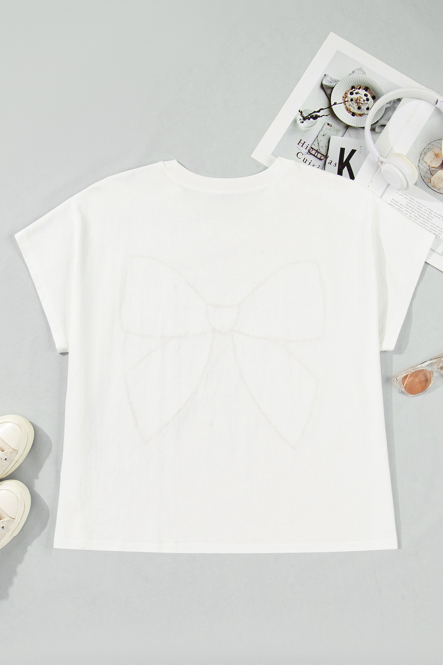 Pink Leopard Bow Embroidered Cotton Round Neck T Shirt