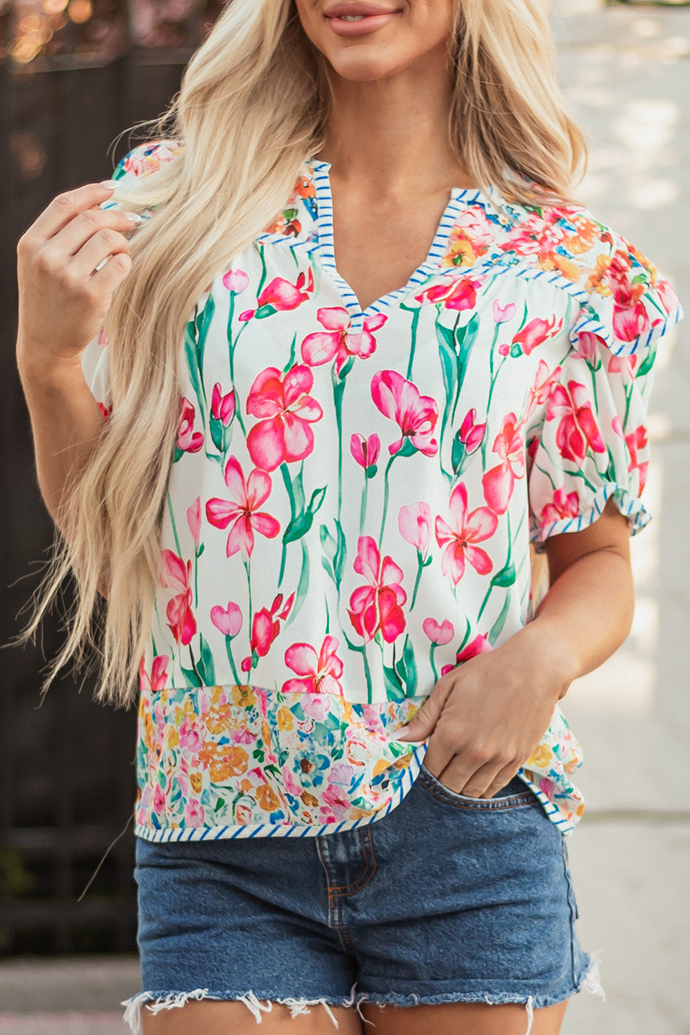 Pink Plus Size Floral Print Striped Trim V Neck Blouse