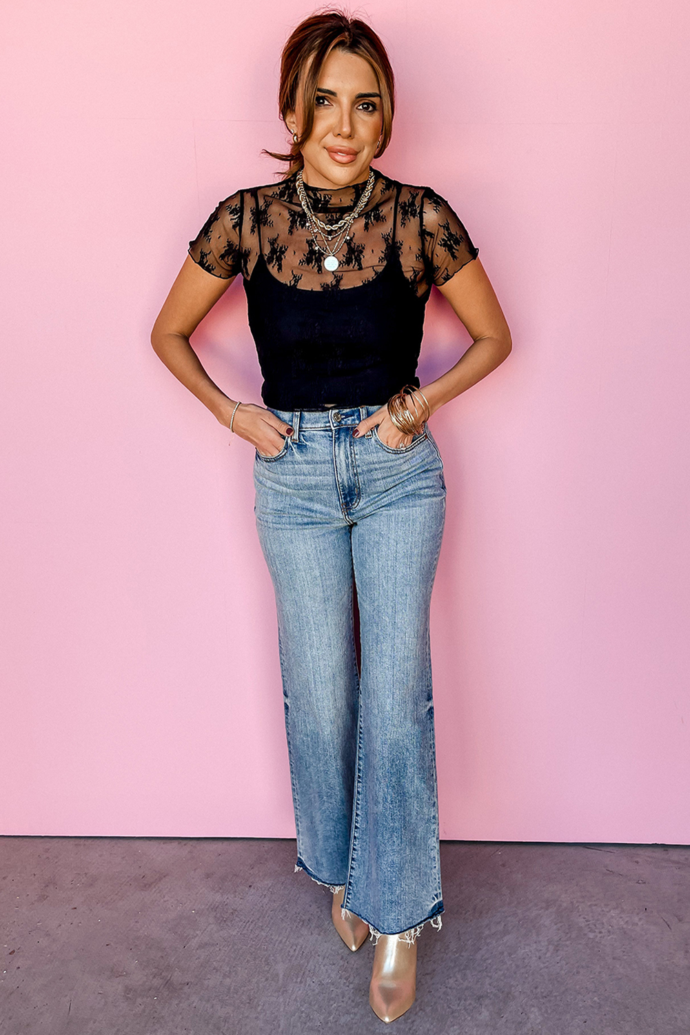Black Floral Sheer Mesh Short Sleeve Mock Neck Blouse