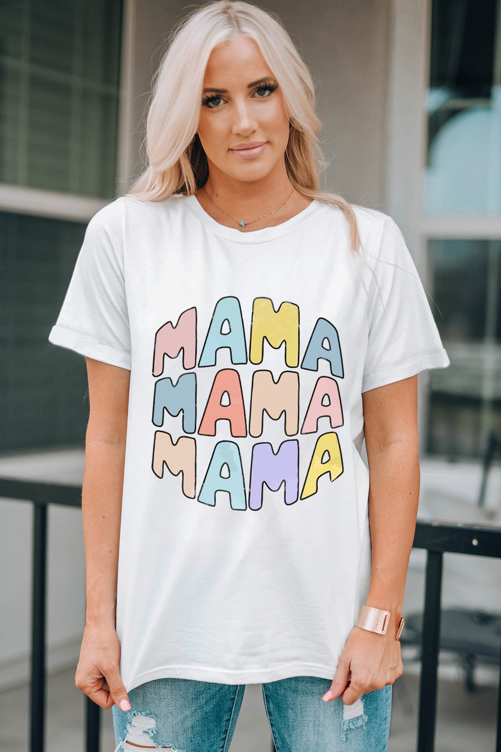 White MAMA Floral Block Graphic Casual T Shirt