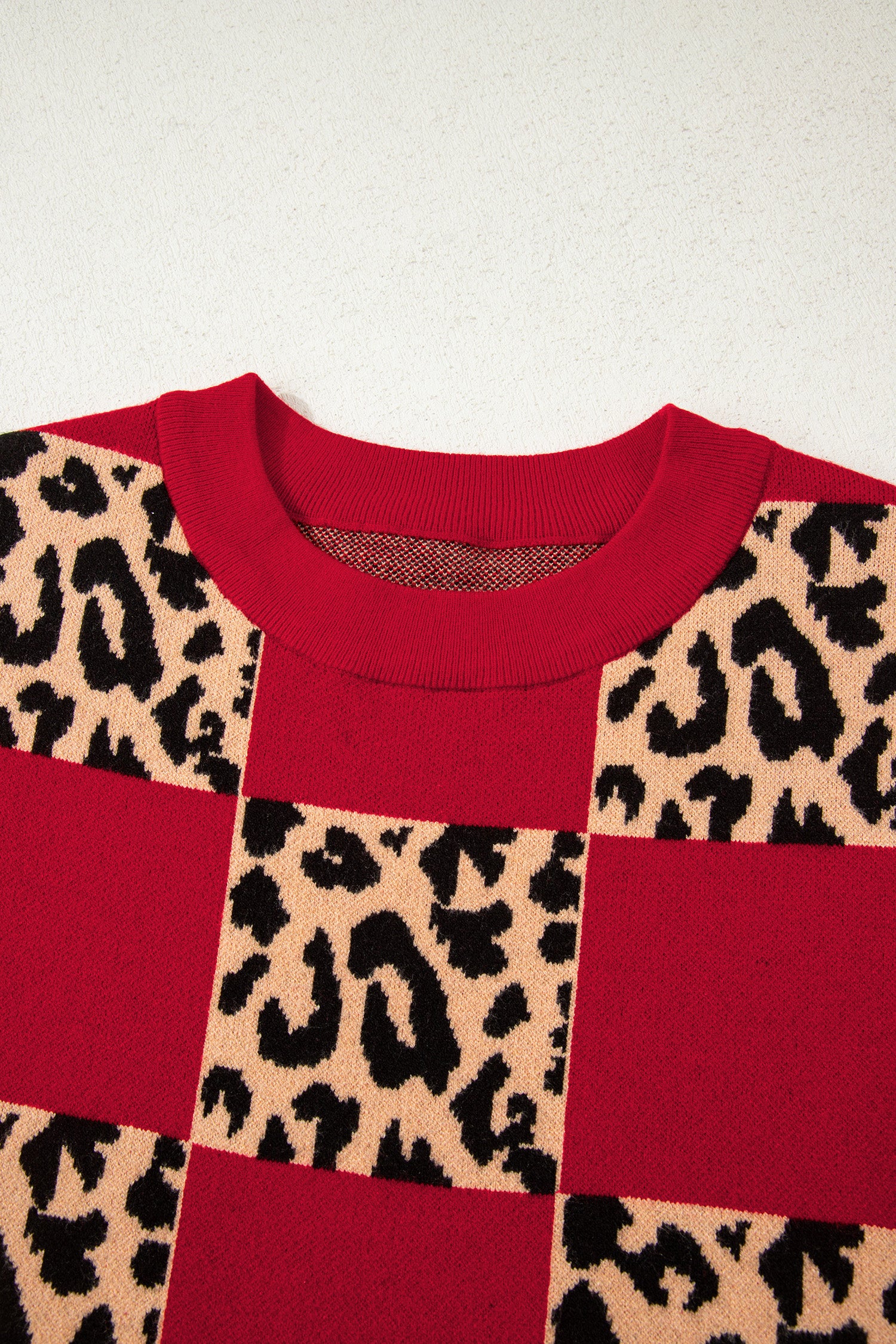 Black Leopard Checkerboard Short Sleeve Knit Sweater