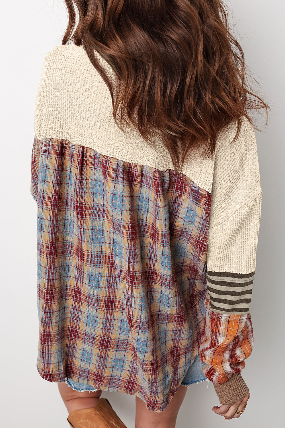 Parchment Plus Size Waffle Colorblock Striped Plaid Patchwork Half Button Pullover