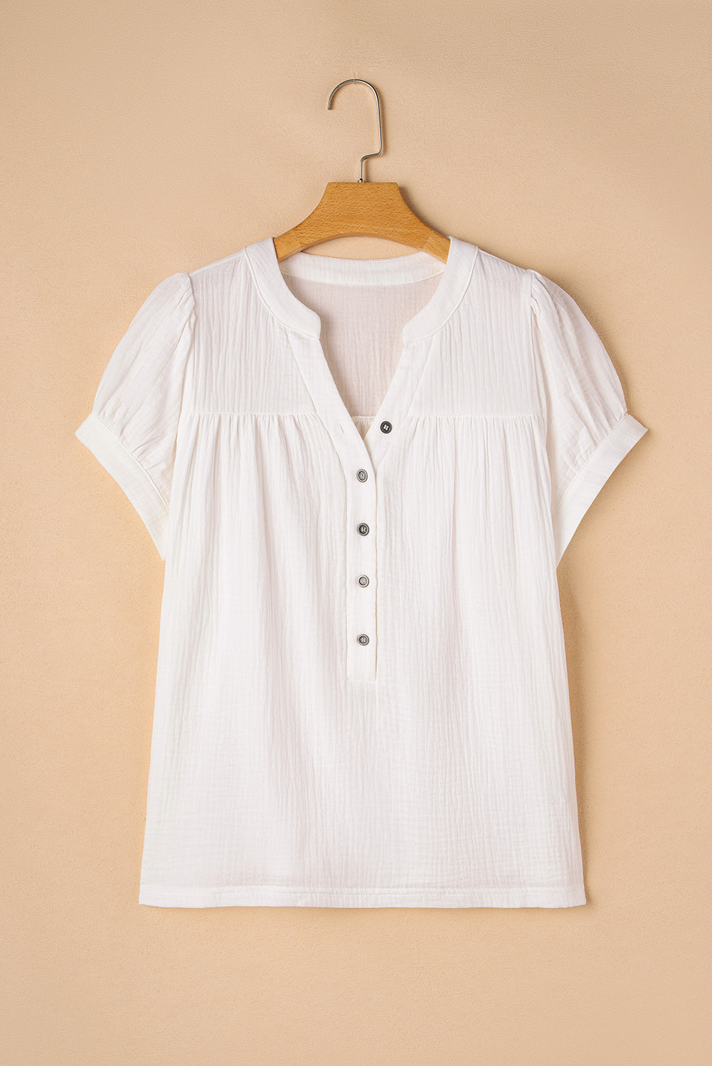White Textured Short Sleeve Buttons Frayed Blouse