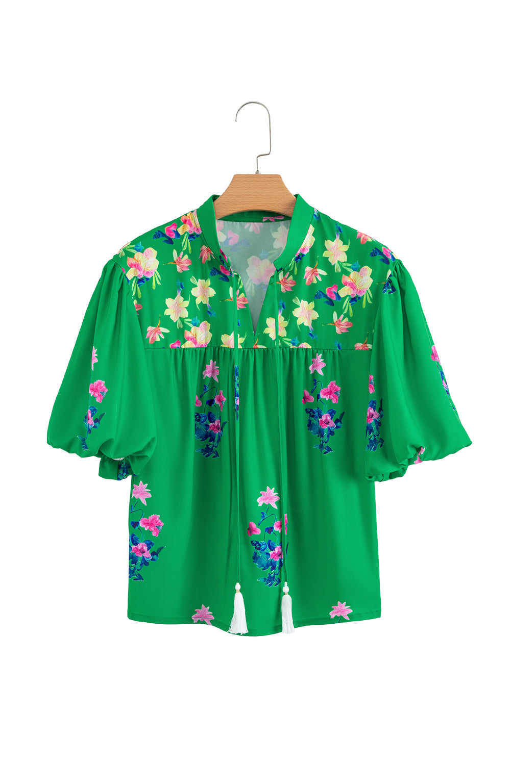 Green Floral Detail Tie Split Neck Short Sleeve Blouse