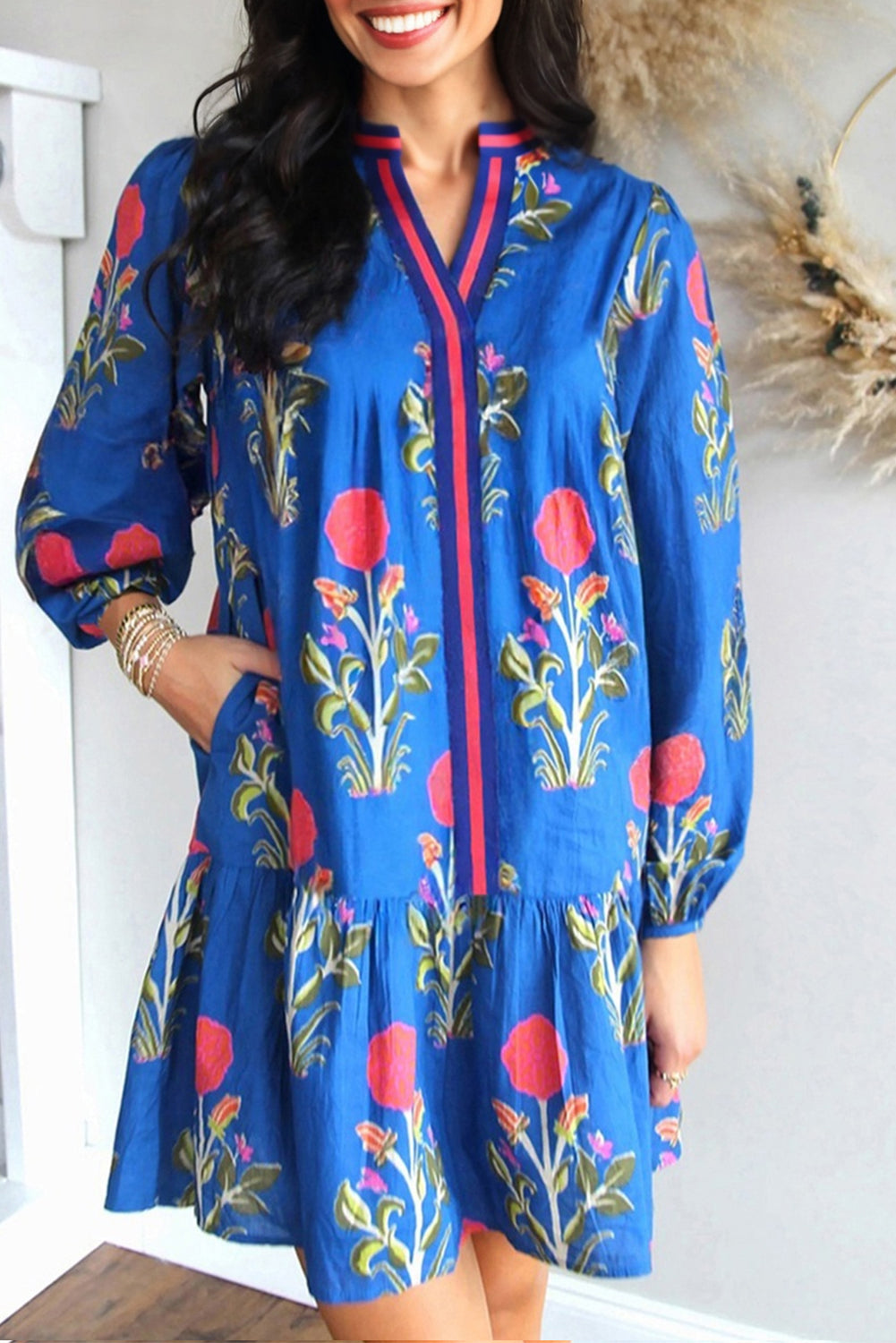 White Floral Print Contrast Striped Trim Notched Neck Long Sleeve Dress