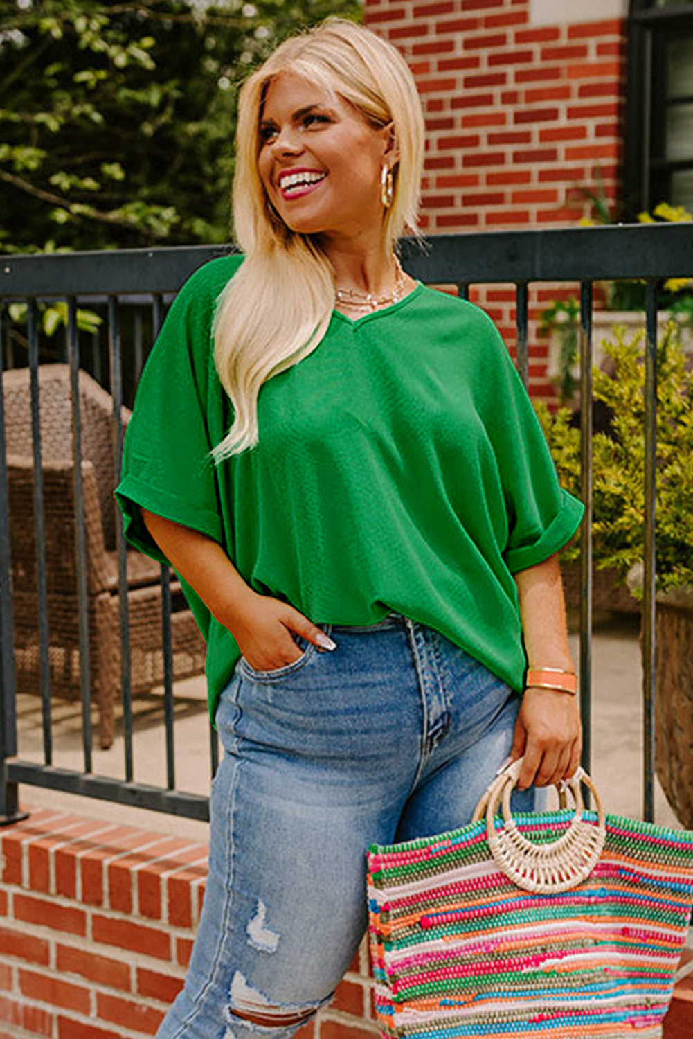Bright Pink Seamed Back High Low Hem V Neck Cuffed Sleeve Plus Size Tee