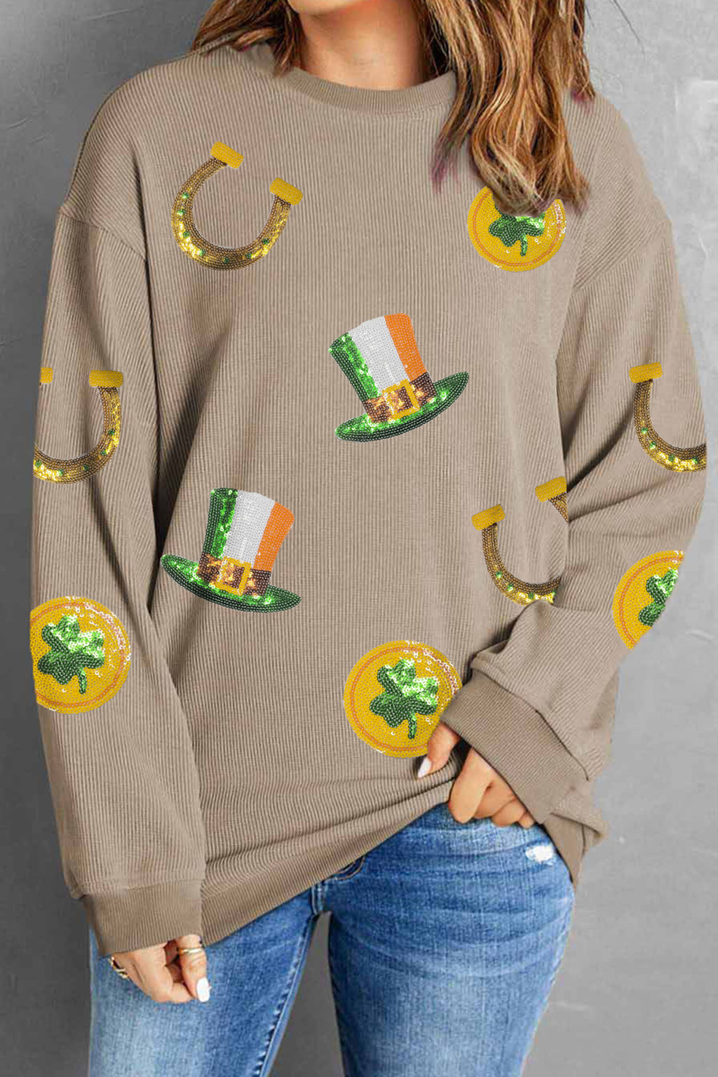 Khaki Sequin Horseshoe Mardi Gras Graphic Corded Ribbed Baggy Sweatshirt
