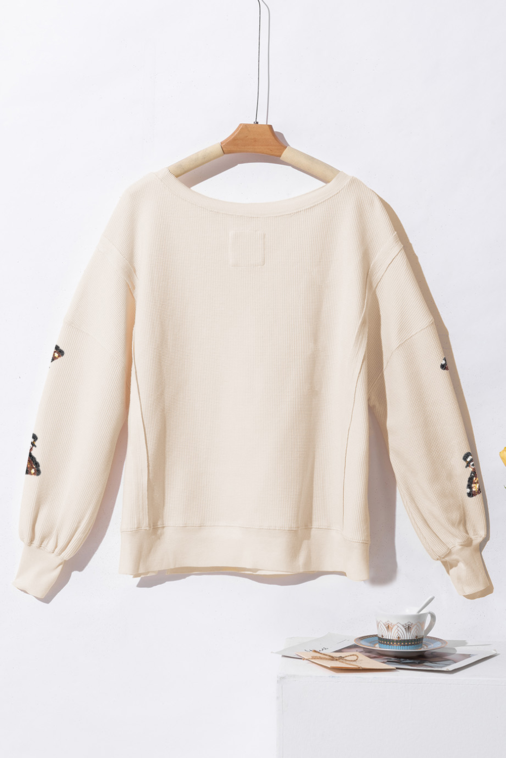 White Waffle knit Bishop Sleeve Split Oversized Top