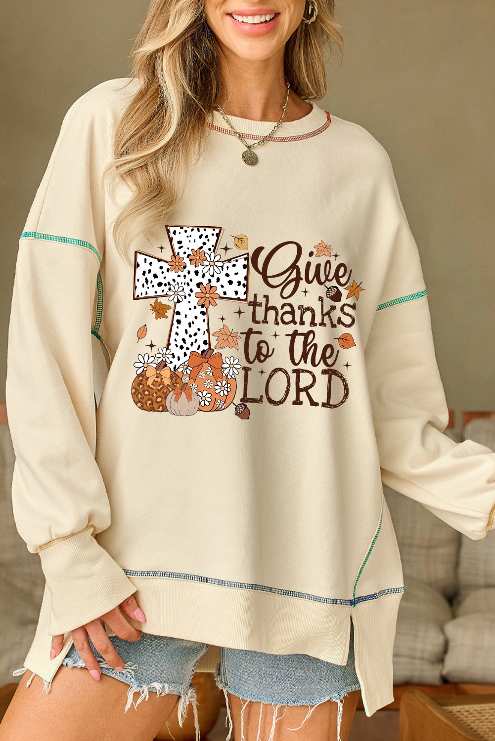 Contrast Stitching Split Baggy Sweatshirt