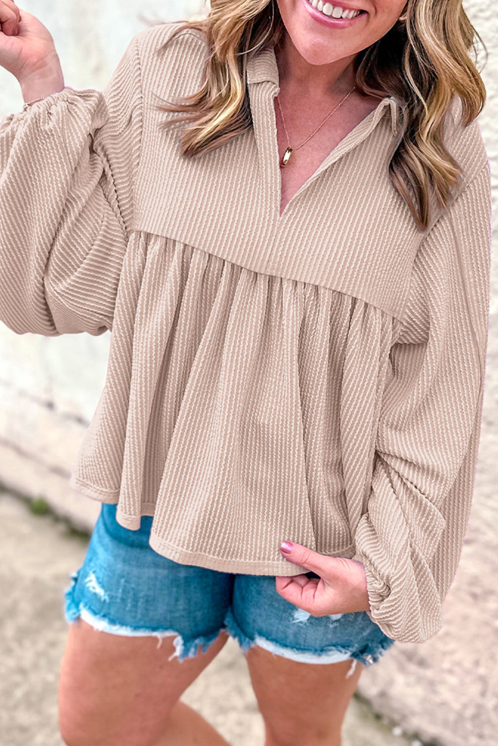 Turquoise Cordrd Balloon Sleeve Collar Plus Babydoll Top