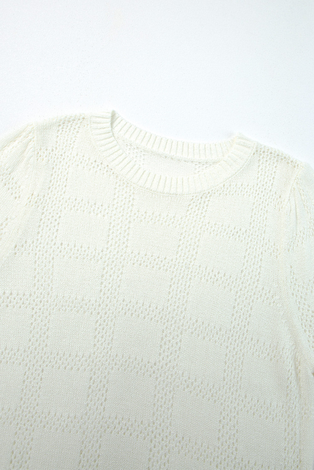 White Plaid Pattern Crochet Knit Short Sleeve Sweater