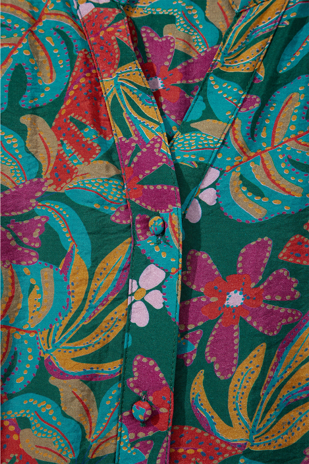 Green Floral Friled V Neck Puff Sleeve Ruffled Shirt Dress