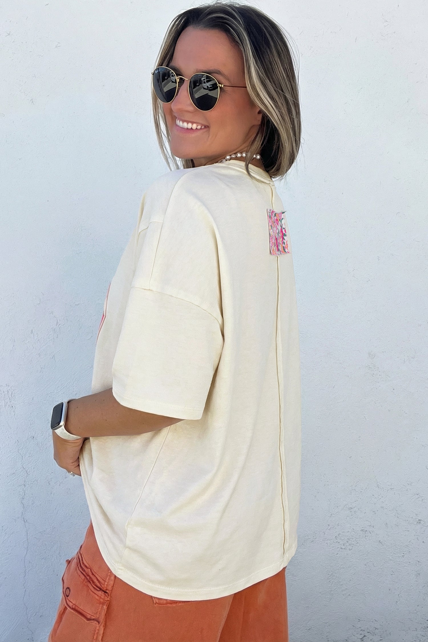 Bright Pink Floral Patched Raw Seam Big Flower Oversize Tee