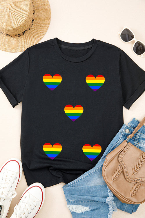 Black Heart Print Crew Neck Chic T Shirt