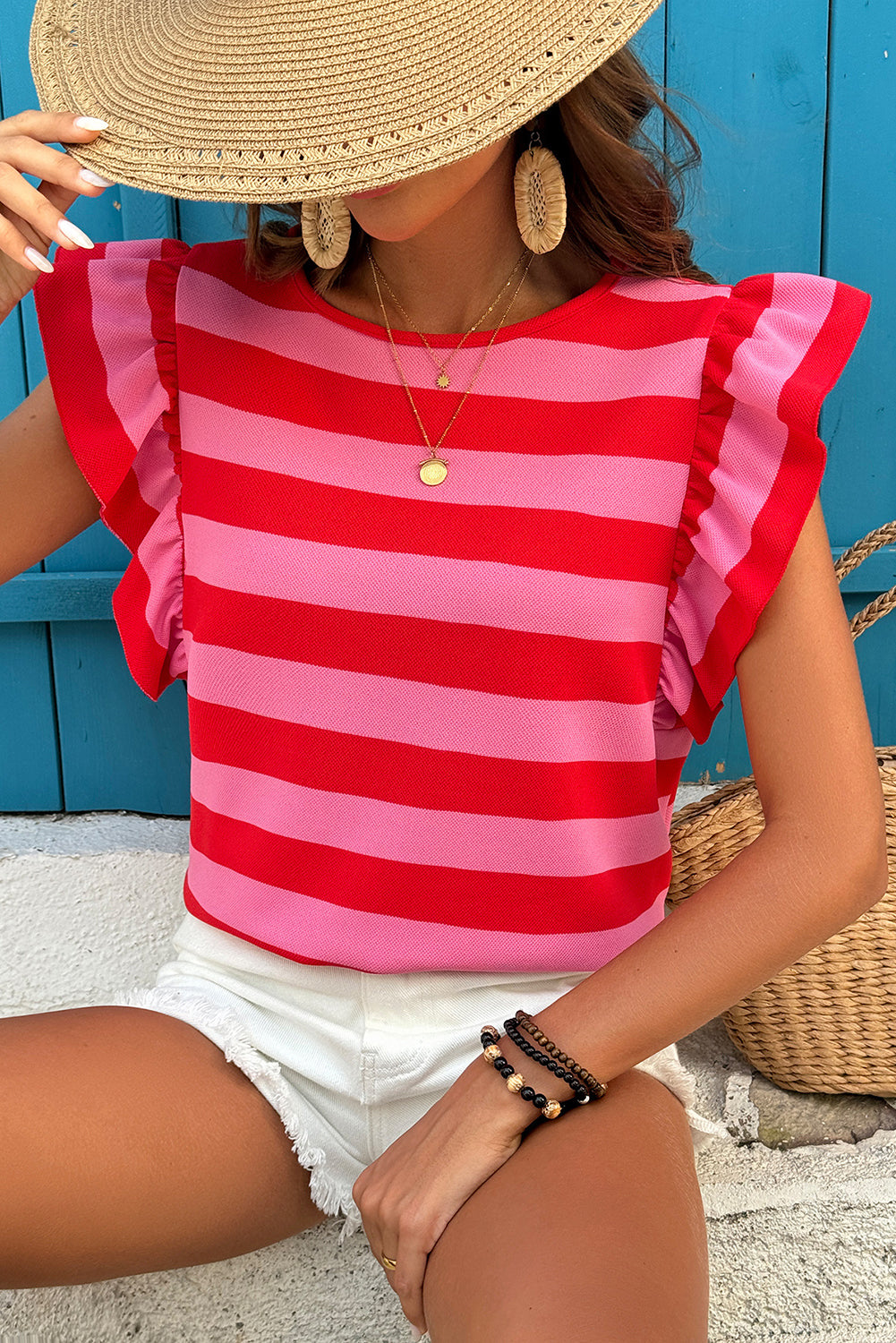 Green Stripe Flutter Sleeve Round Neck Shift Dress