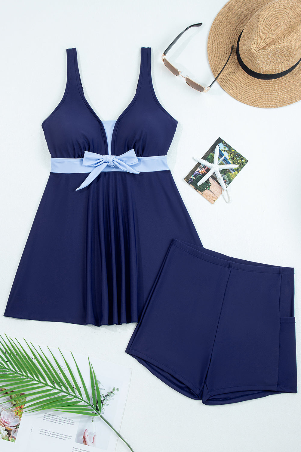 Rose Red Color Block Patchwork Bow Knot Detail Sleeveless Swim Dress
