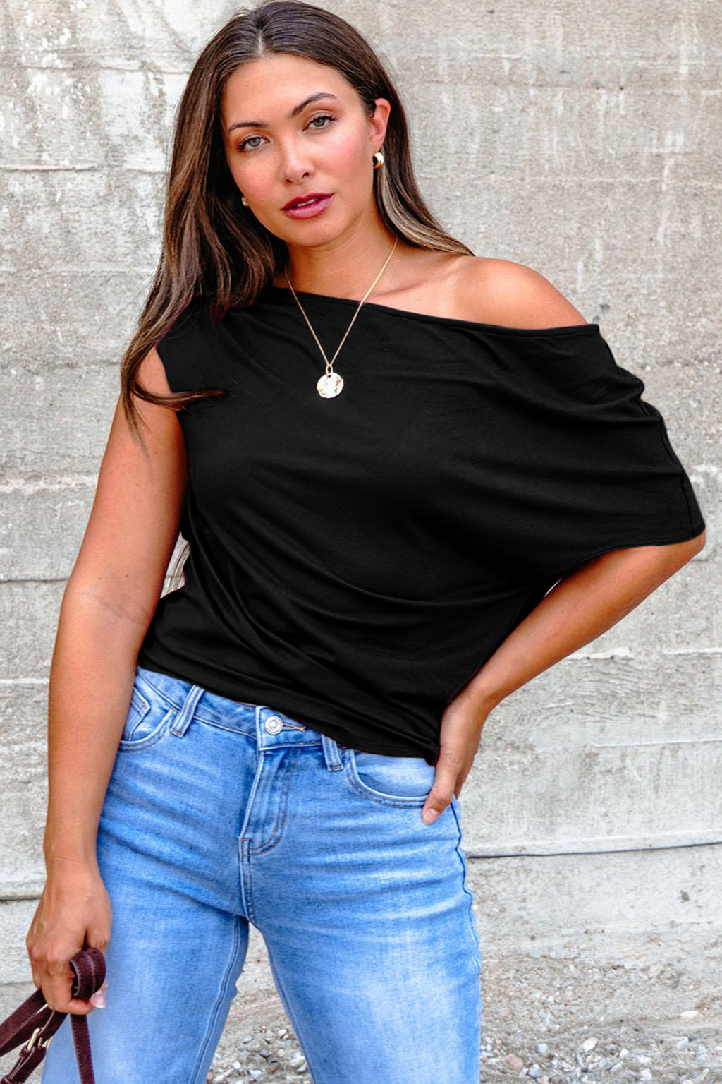 Coffee Plus Size Solid Color Asymmetric Neck Short Sleeve Blouse