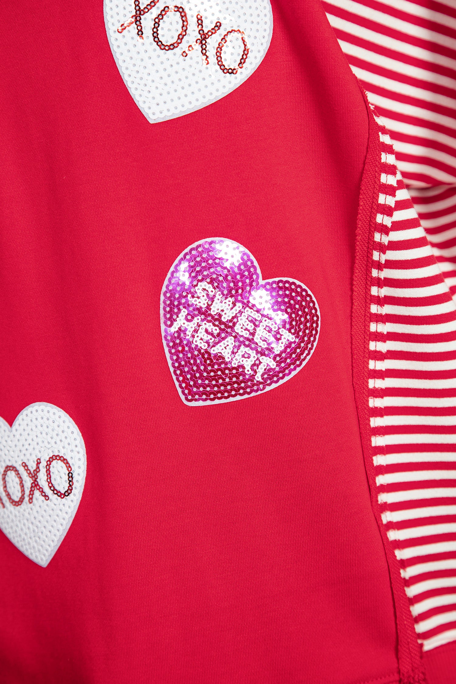 Fiery Red Valentines Day Slogan Sequin Heart Graphic Striped Color Block Patchwork Sweatshirt