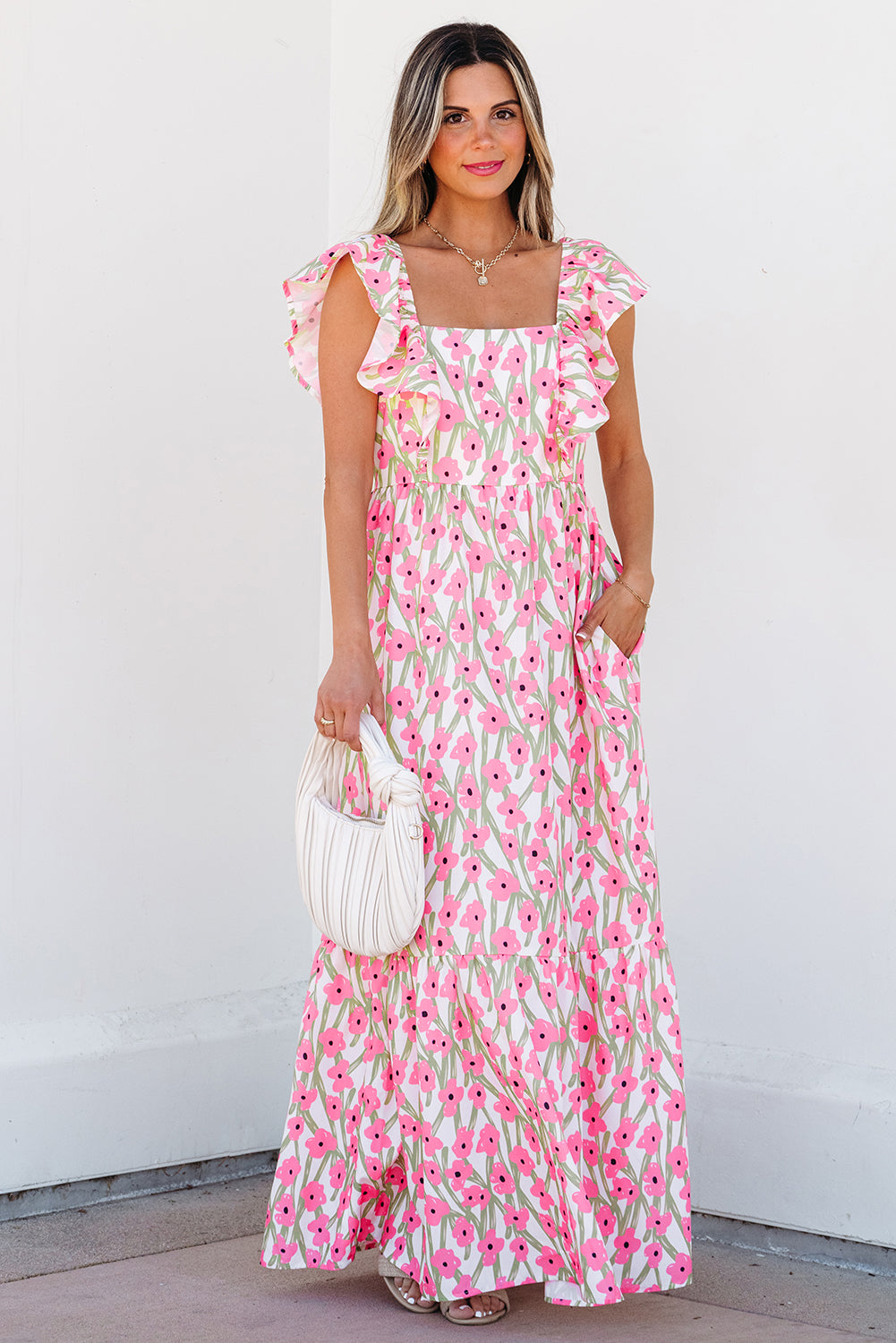 Blue Floral Print Square Neck Ruffled Strap Maxi Dress