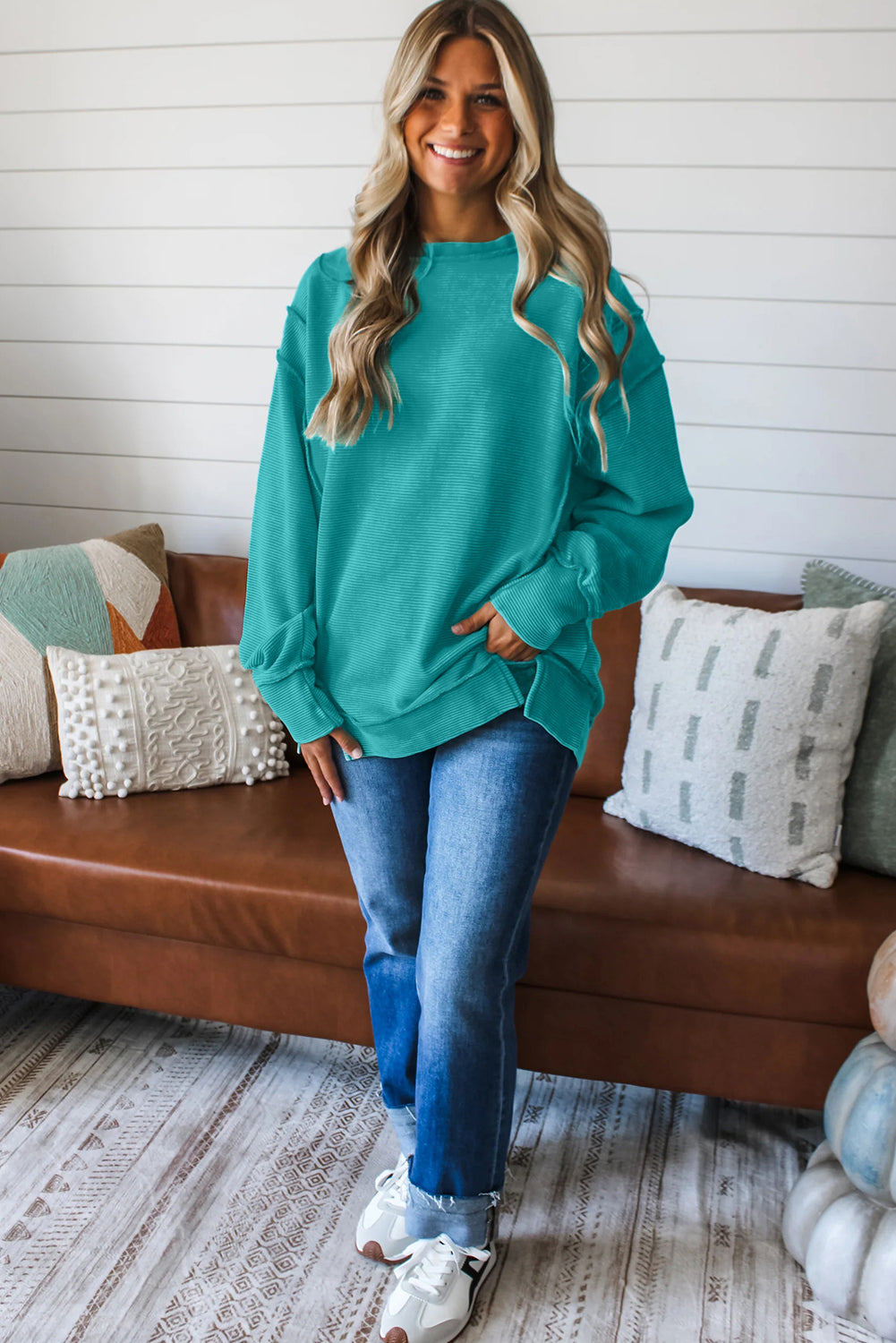 Lavendula Horizontal Ribbed Exposed Seam Detail Drop Shoulder Baggy Pullover