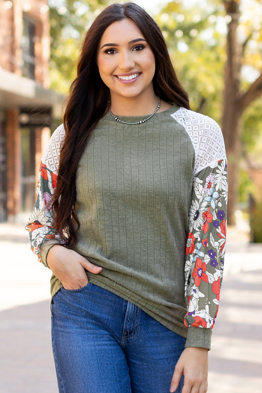 Vineyard Green Plus Size Textured Floral Patchwork Raglan Sleeve Blouse