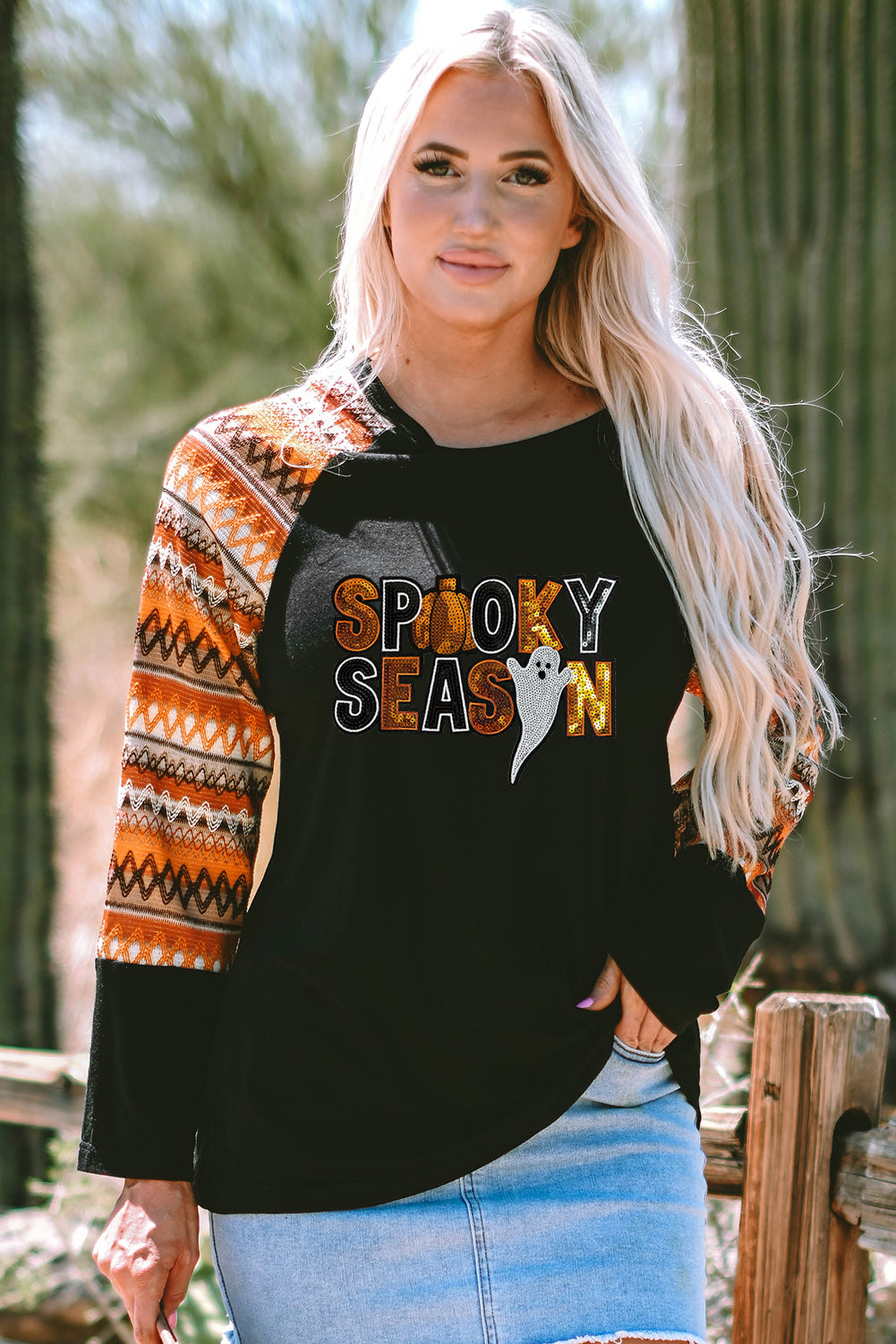 Orange SPOOKY SEASON Sequin Patched Halloween Graphic Contrast Long Sleeve Top