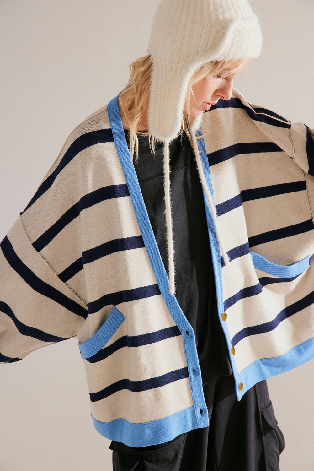 Pink Stripe Colorblock Drop Shoulder Buttoned Loose Cardigan