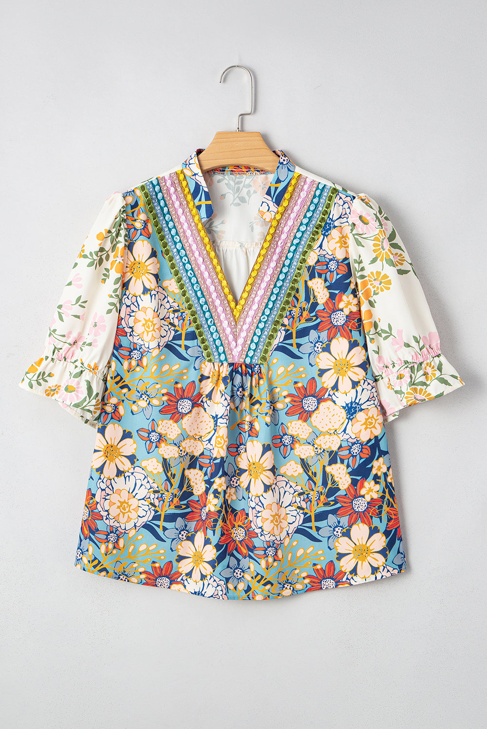 Multicolour Crochet V Neck Half Sleeve Boho Floral Blouse
