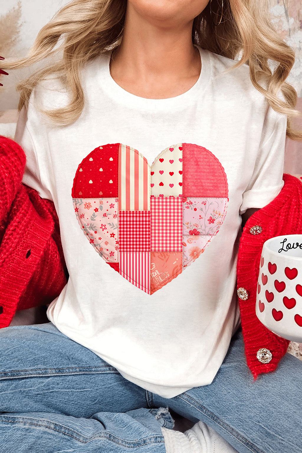 White Floral Plaid Mixed Patchwork Heart-shape Graphic T Shirt