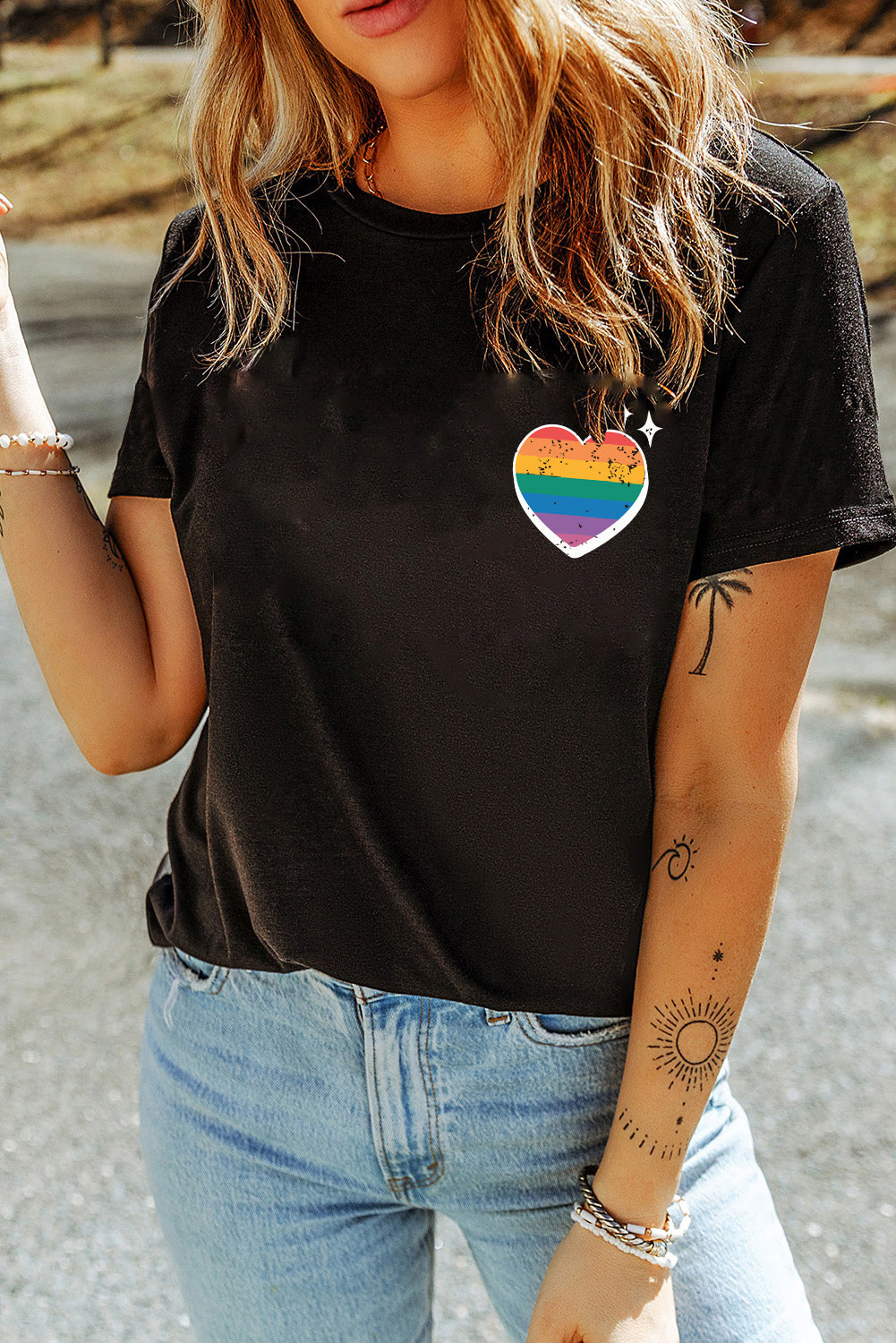 Black Pride Heart Cracking Graphic Detail Cotton Blend T Shirt
