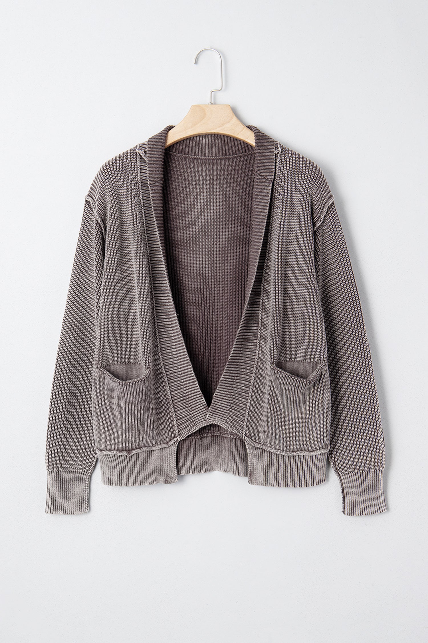 Dark Brown Mineral Wash Exposed Seam Patchwork Knit Open Sweater Cardigan