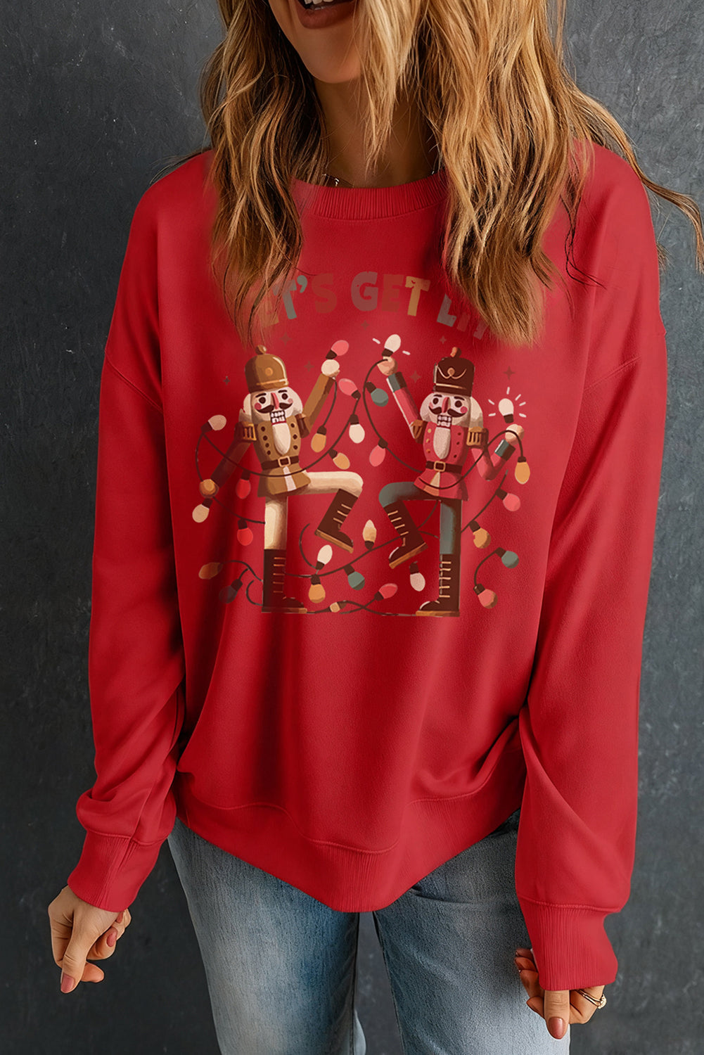 Red LETS GET LIT Nutcracker Graphic Christmas Sweatshirt