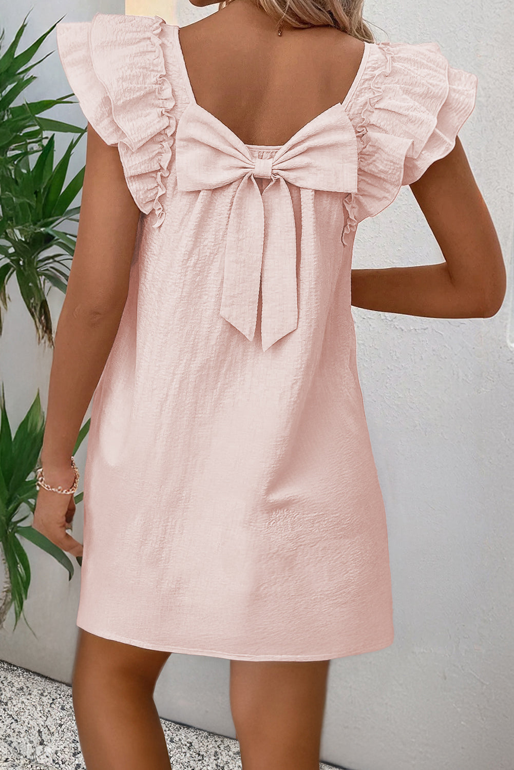 Beau Blue Textured Bow Knot Frilled Butterfly Sleeve Blouse