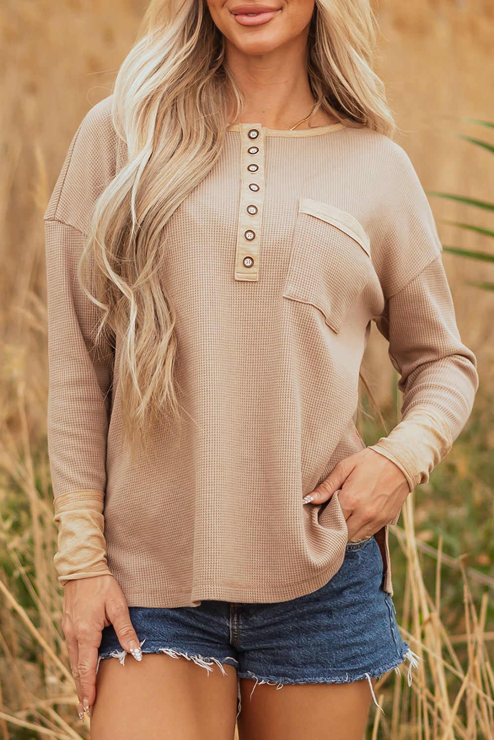 Vineyard Green Color Block Waffle Textured Tunic Henley Top with Slits