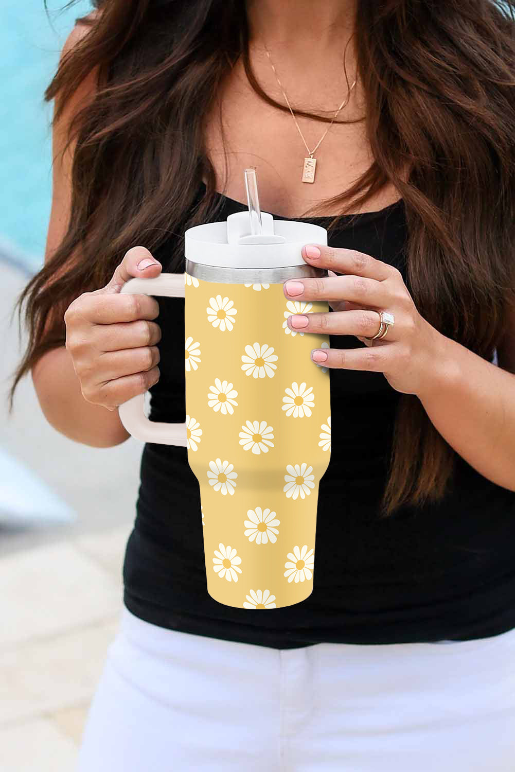 White Floral Leaves Print Stainless Large Portable Cup 40oz