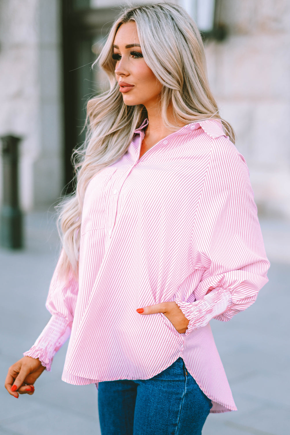 Red Stripe Smocked Cuffed Striped Boyfriend Shirt with Pocket