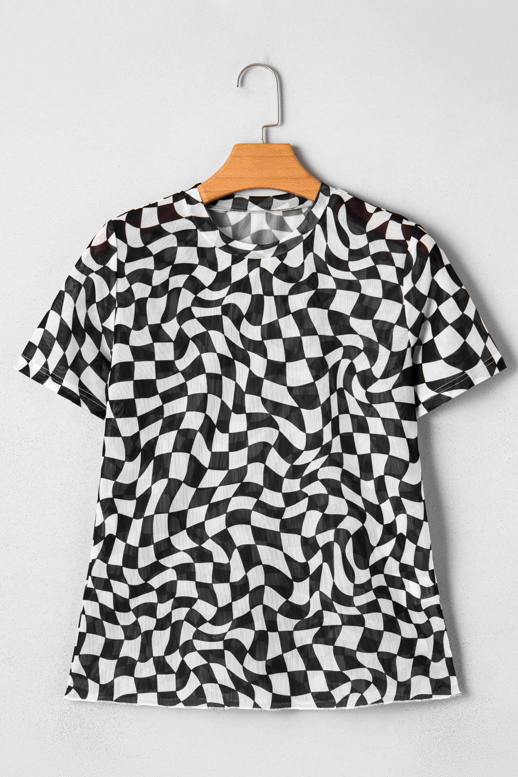 Purple Checkered Print Mock Neck Mesh T Shirt