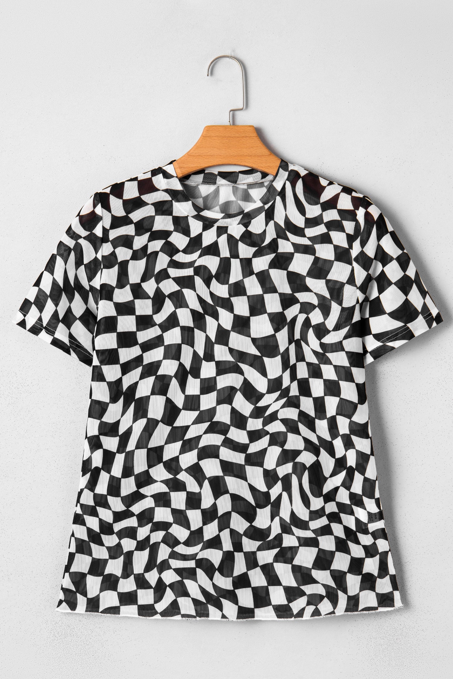 Purple Checkered Print Mock Neck Mesh T Shirt