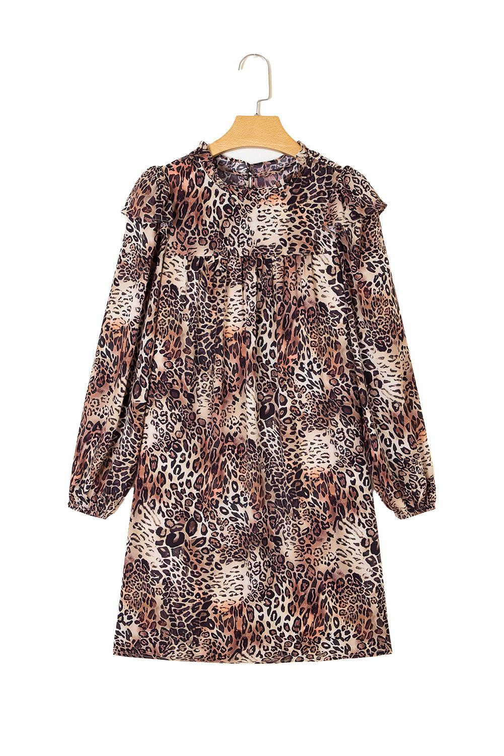 Brown Leopard Ruffled Detail Long Sleeve Loose Mini Dress