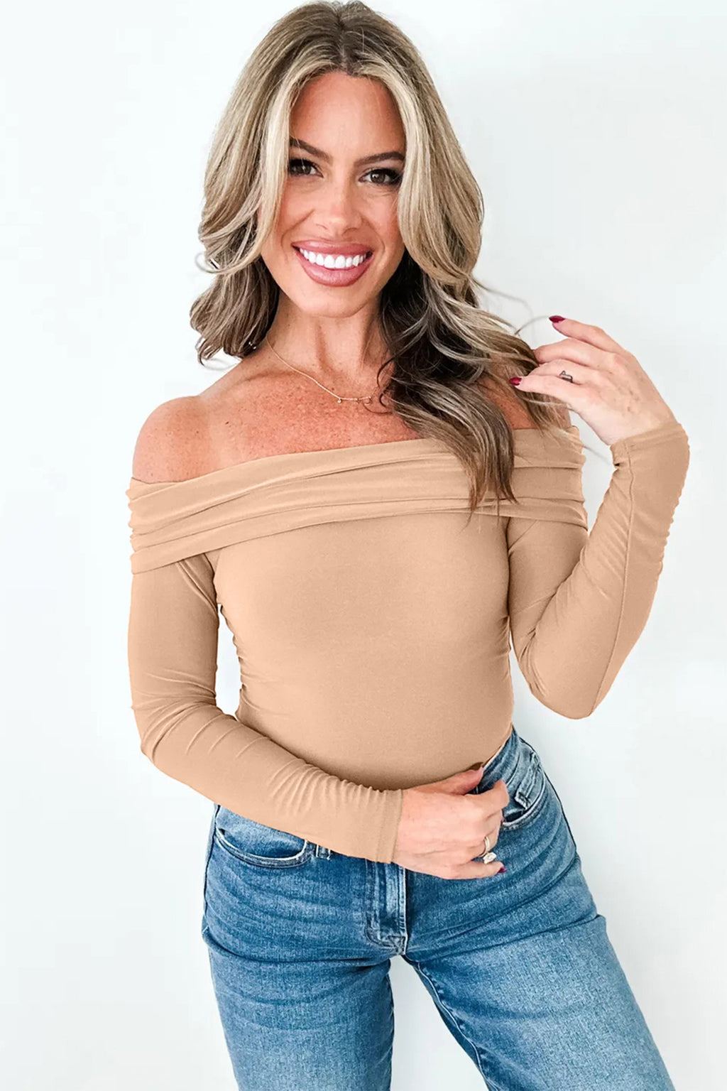 Fiery Red Foldover Off Shoulder Long Sleeve Slim Top