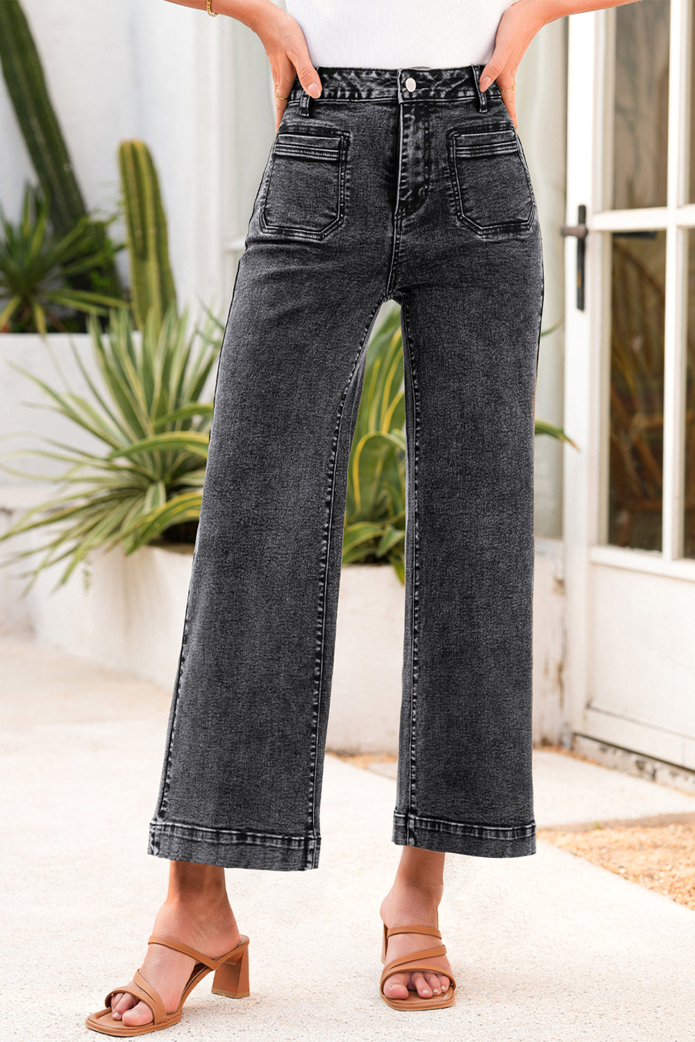 Light Blue Chic Patch Pocket Straight Leg Loose Jeans