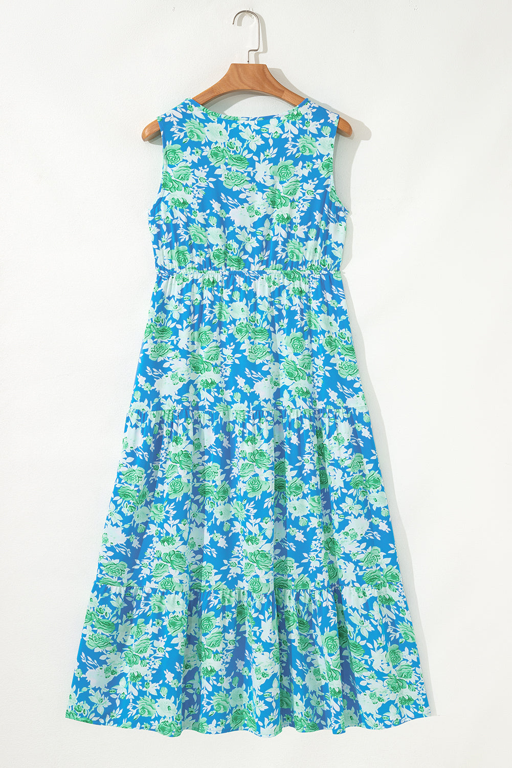 Green Floral Print Trimmed V Neck Tie Waist Sleeveless Holiday Long Dress
