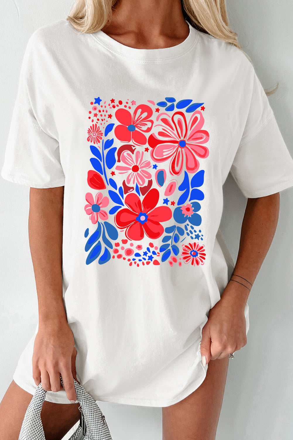 White Floral Print Half Sleeve Round Neck Oversized Tee