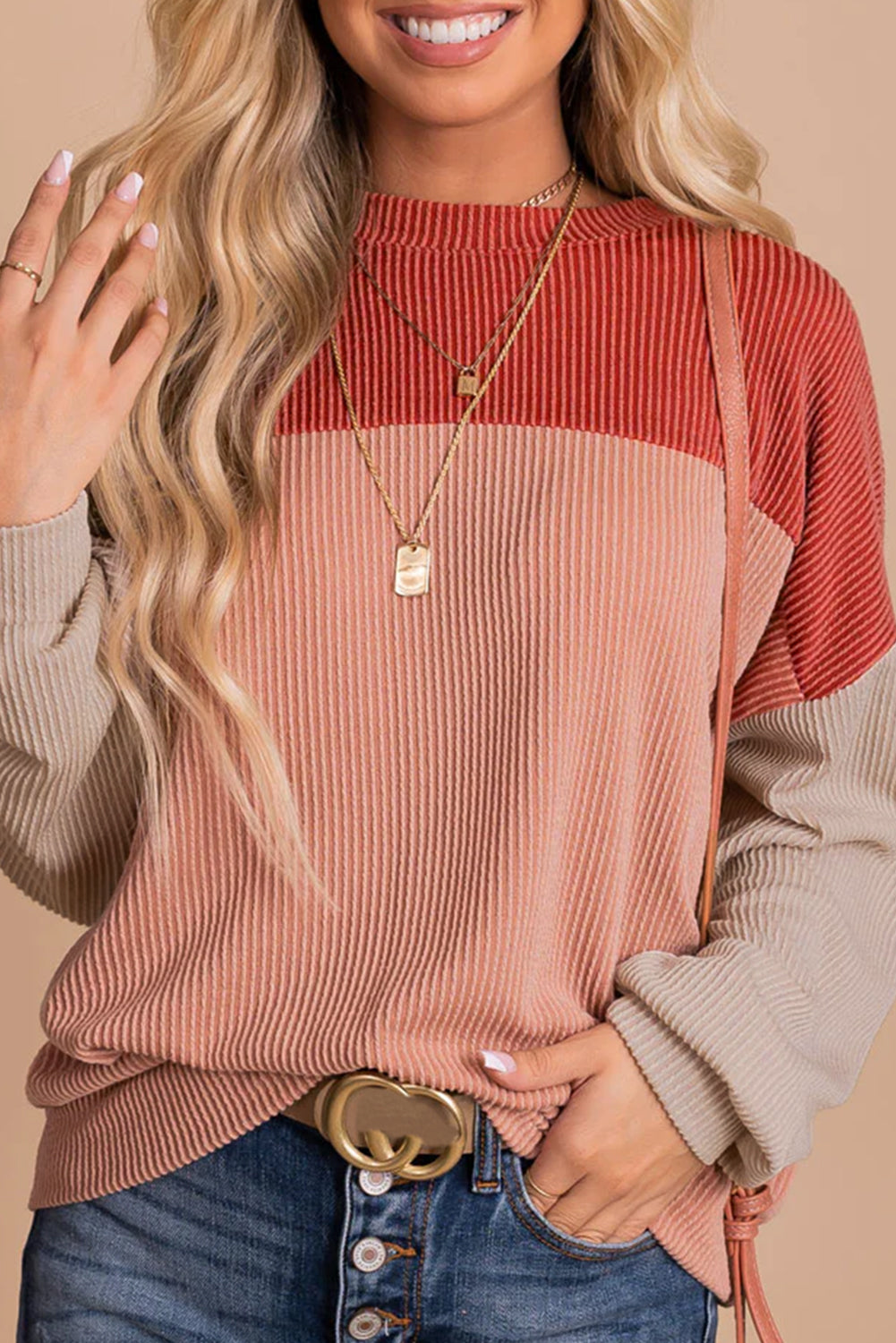 Pale Chestnut Color Block Corded Long Sleeve Top