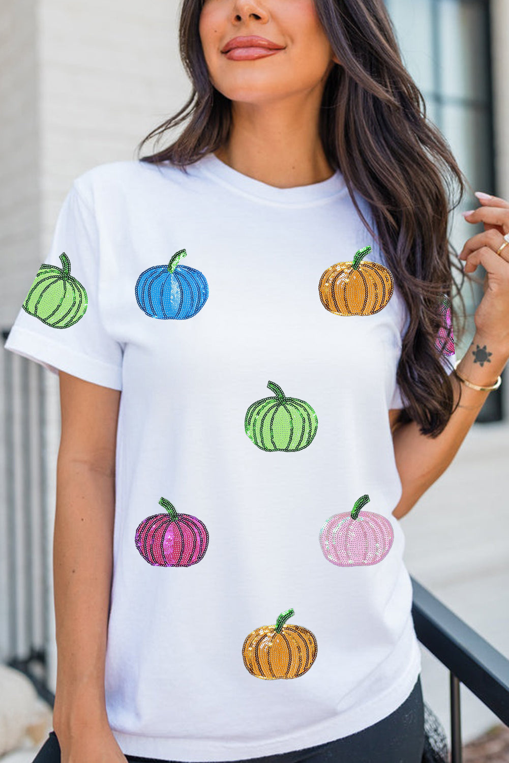 White Colorful Pumpkin Sequin Patched Drop Shoulder Sweatshirt