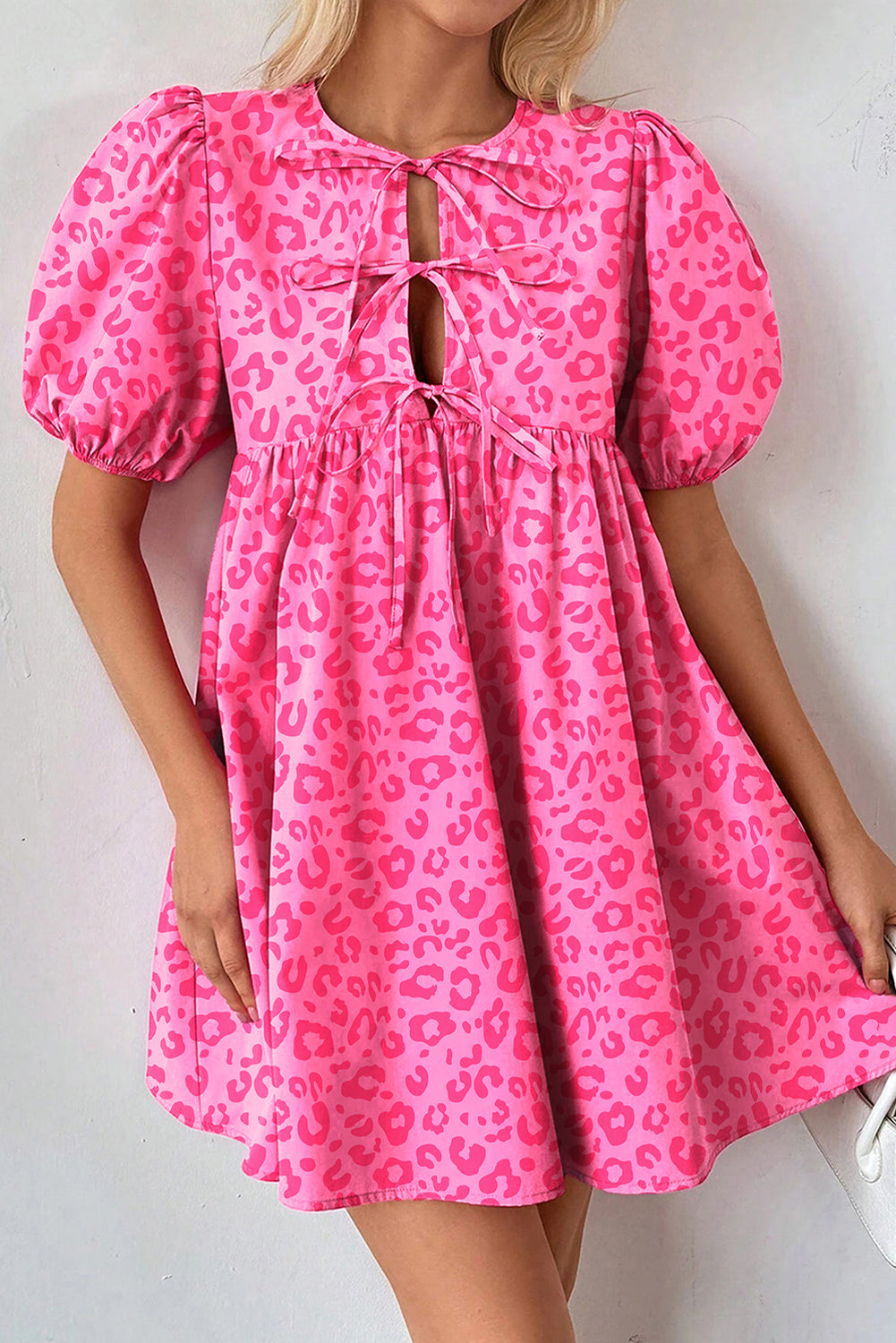 Bright Pink Solid Color Puff Sleeve Tie Front High Waist Mini Dress