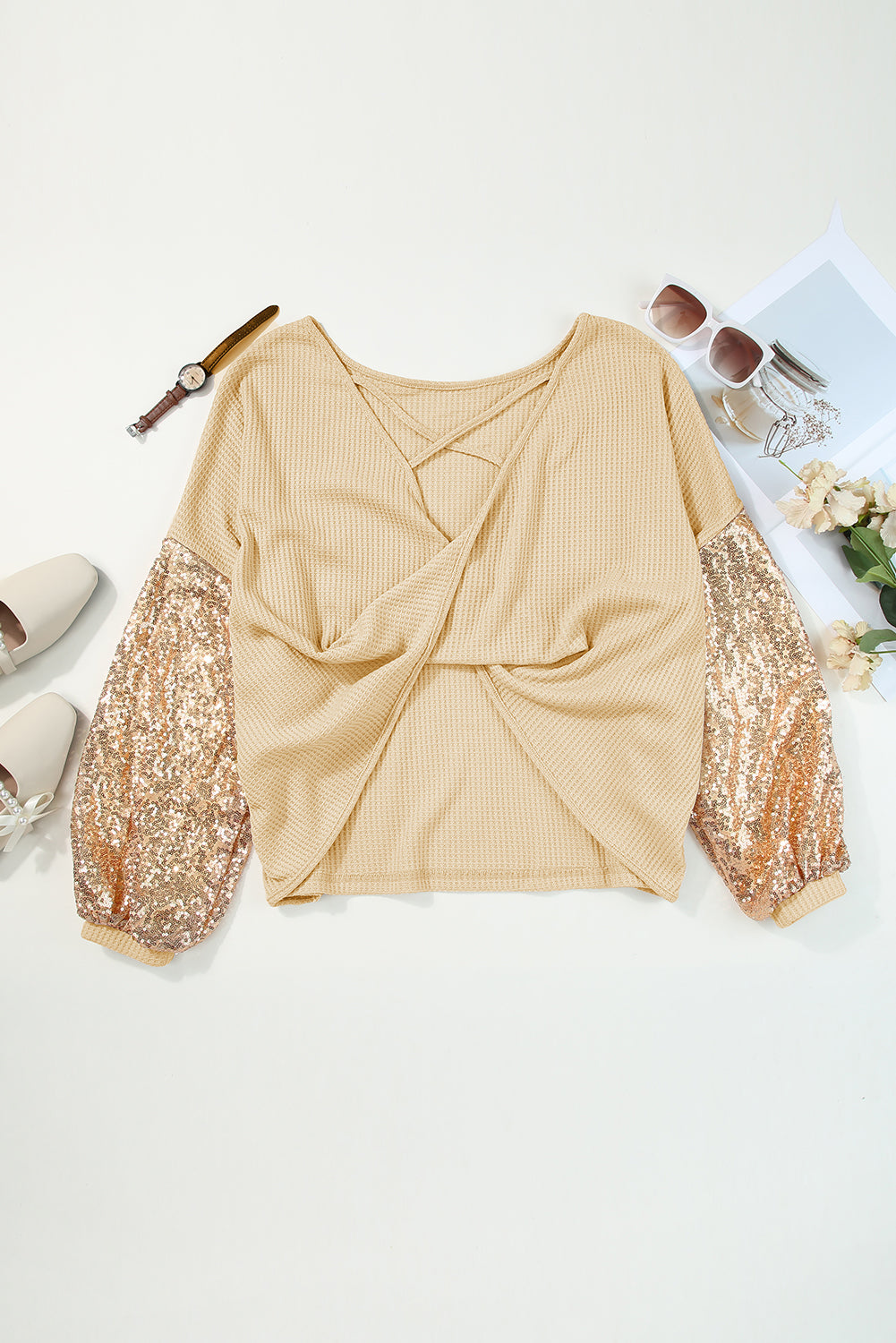 Black Sequin Patchwork Sleeve Open Back Waffle Knit Top