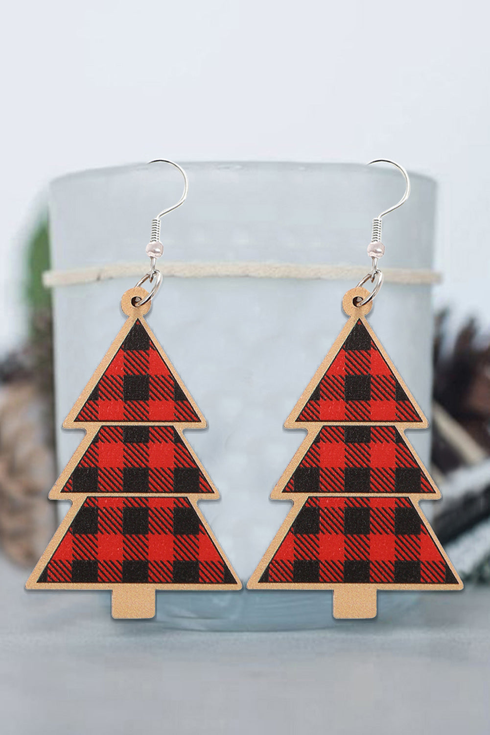 Red Shade Of Leopard Plaid Christmas Tree Earrings