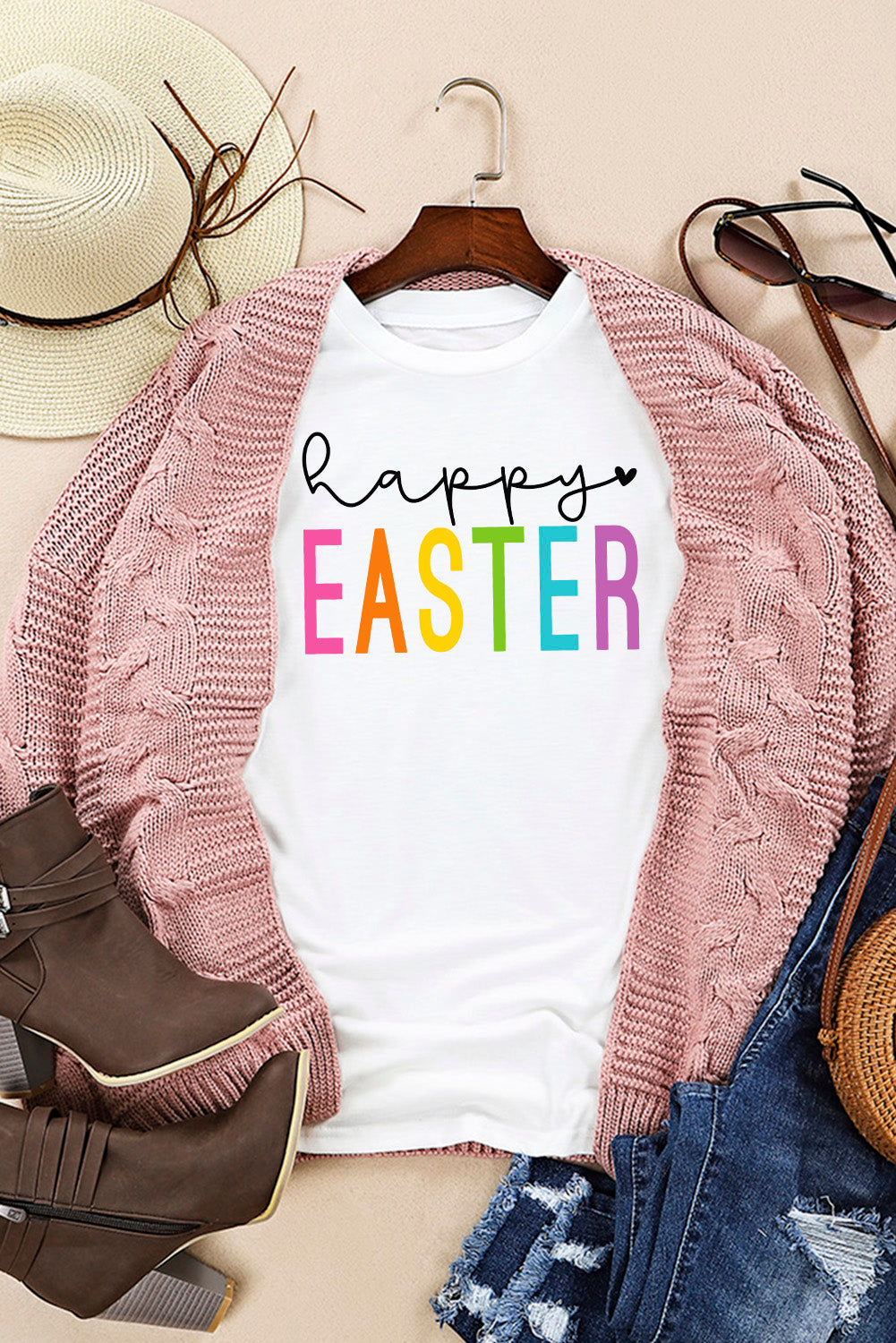 White Rabbit Bow Knot Print Crew Neck T Shirt