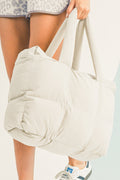 White Solid Quilted Puffy Zipped Large Tote Bag